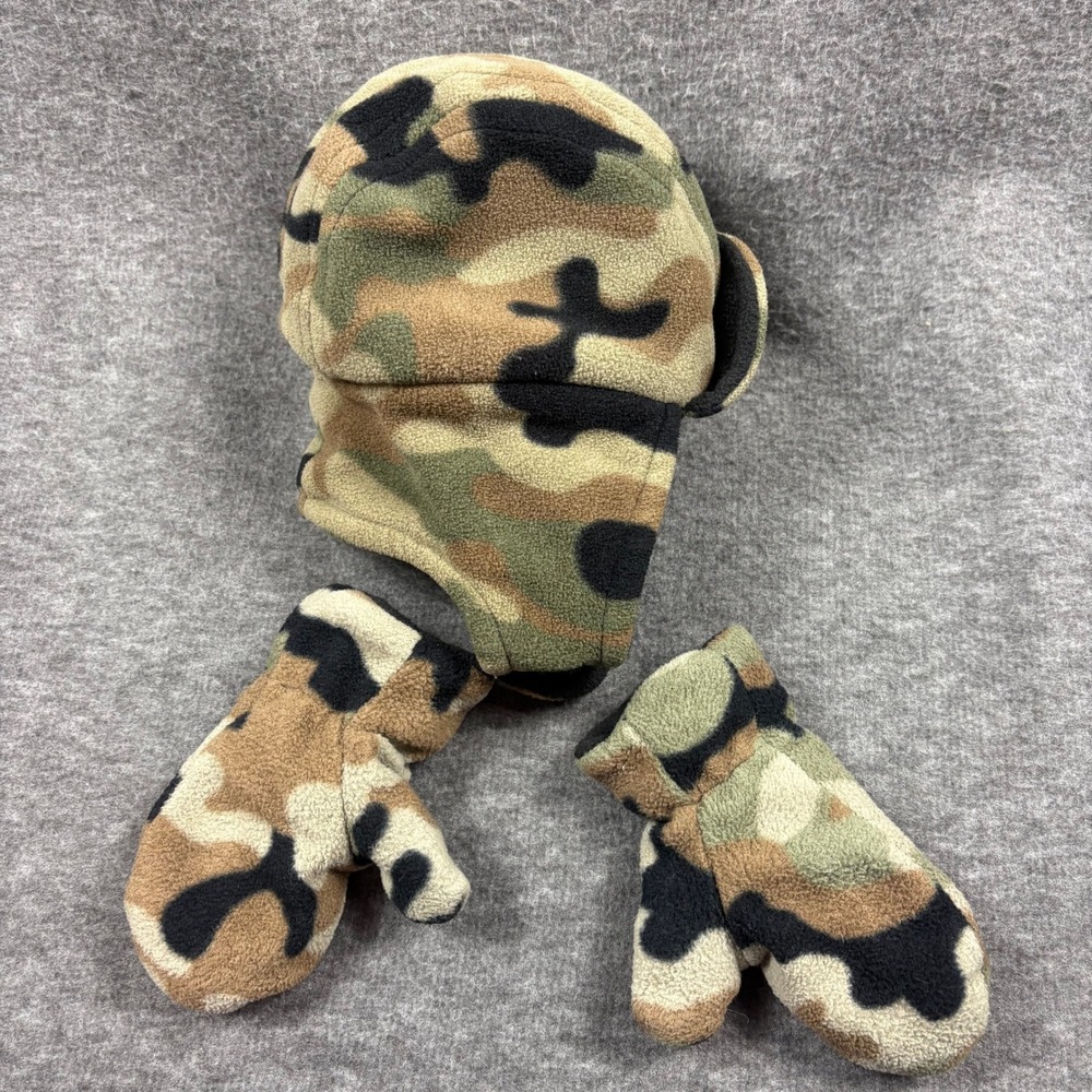 Kids Camo Fleece Trapper Hat w Mittens Set 2T-4T Winter Warm Playcore Practical - Picture 13 of 14